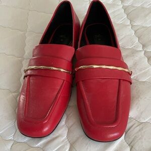 Zara Red LEATHER Flats with Gold Detail